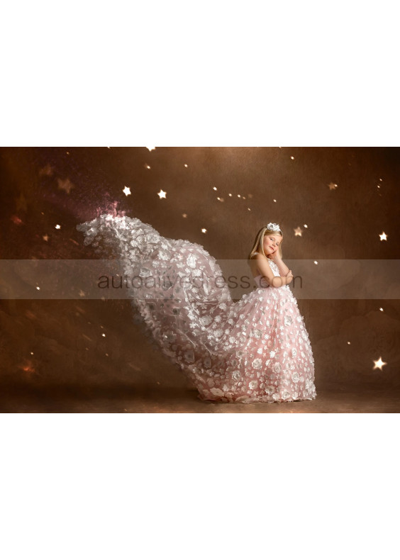 Soft Pink Beaded Floral Lace Tulle Flower Girl Dress Soft Pink Beaded Floral Lace Tulle Flower Girl Dress